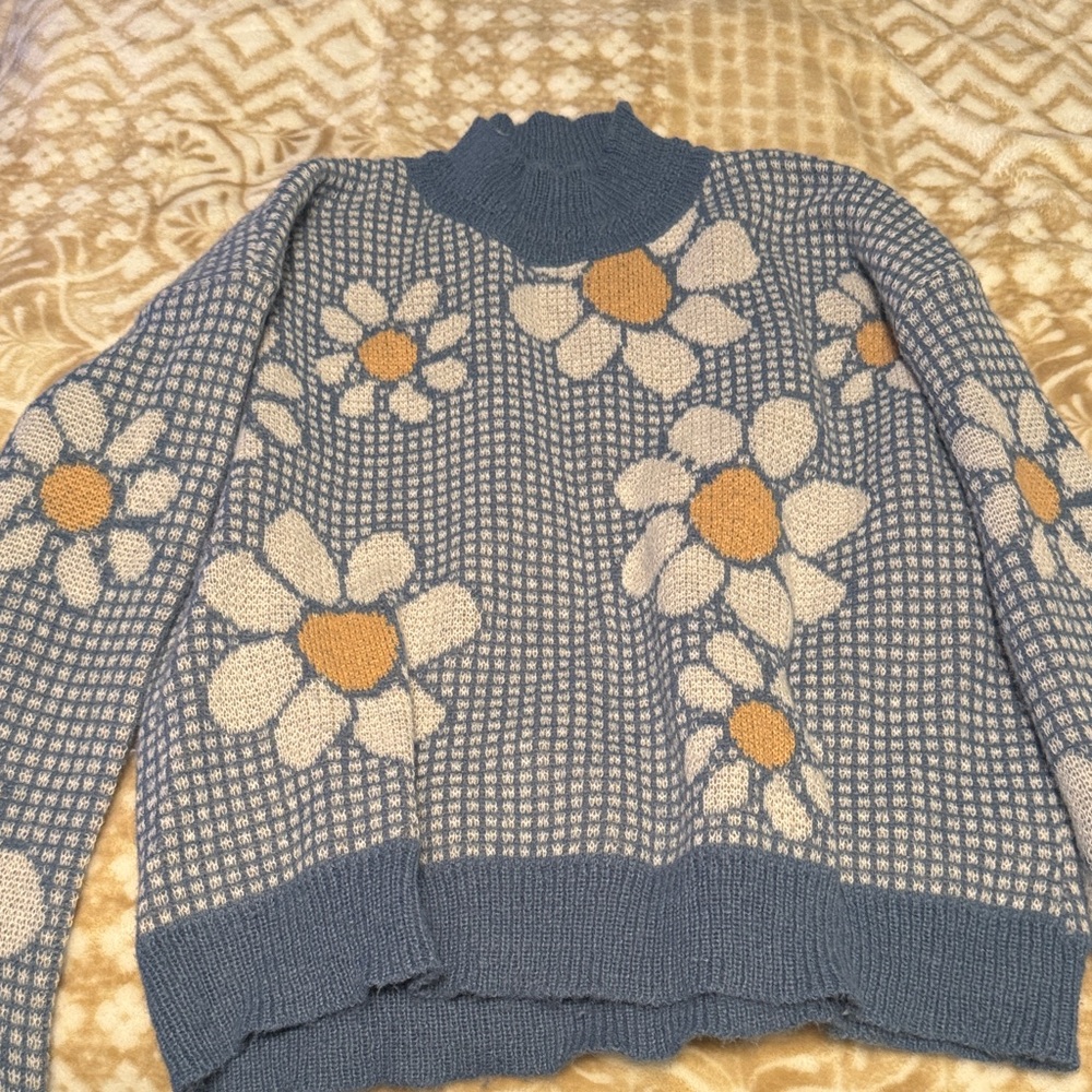 Floral Patterned Blue Sweater